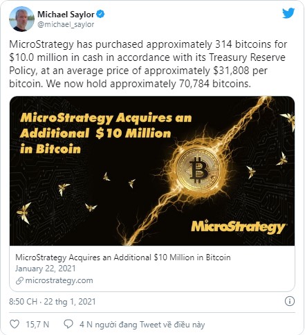 Ngay sau khi MicroStrategy gom thêm 10 triệu USD, giá Bitcoin bật lên trên 32.000 USD